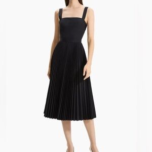 THEORY Black Pleated Contrast Midi Dress Size P
